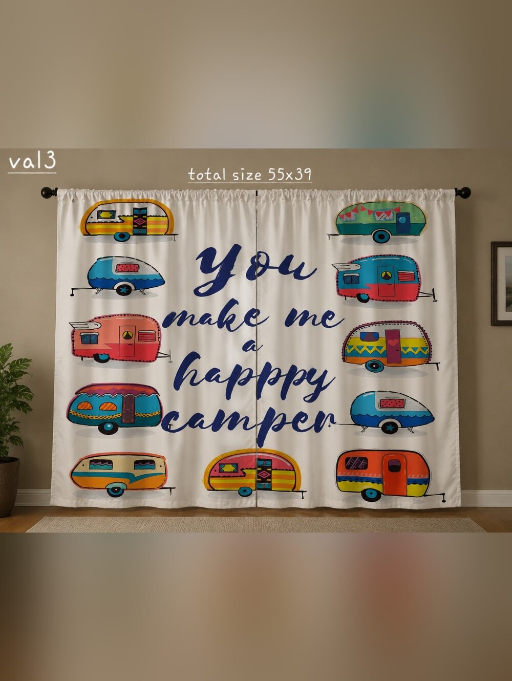 Fun Happy Camper Curtains- Colorful Campers & Navy Script